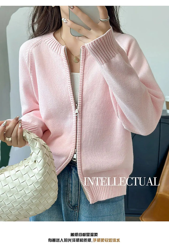 YTFidio 100% Cotton Women O-neck Thick Zipper  Solid Cardigan Luxury Designer Clothing Woman Pullover Female Tops 401