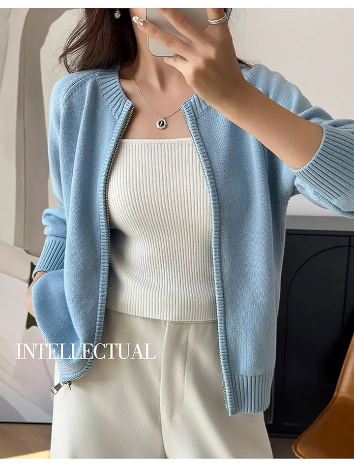 YTFidio 100% Cotton Women O-neck Thick Zipper  Solid Cardigan Luxury Designer Clothing Woman Pullover Female Tops 401