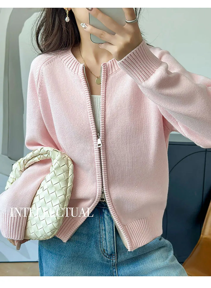YTFidio 100% Cotton Women O-neck Thick Zipper  Solid Cardigan Luxury Designer Clothing Woman Pullover Female Tops 401