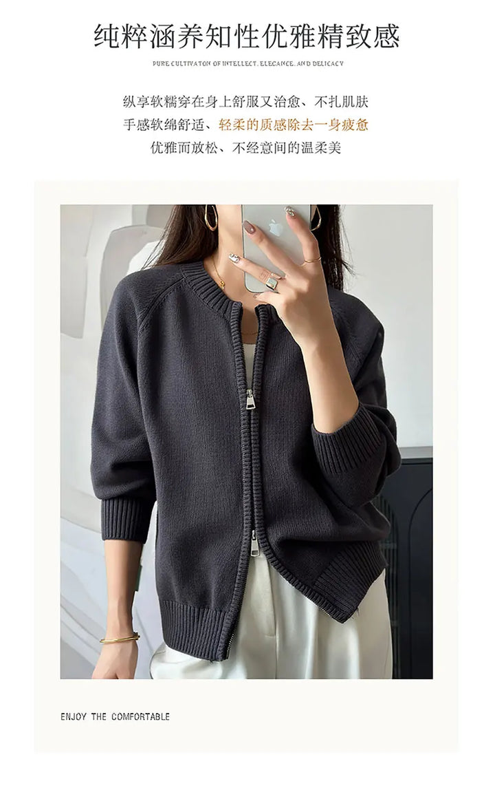 YTFidio 100% Cotton Women O-neck Thick Zipper  Solid Cardigan Luxury Designer Clothing Woman Pullover Female Tops 401