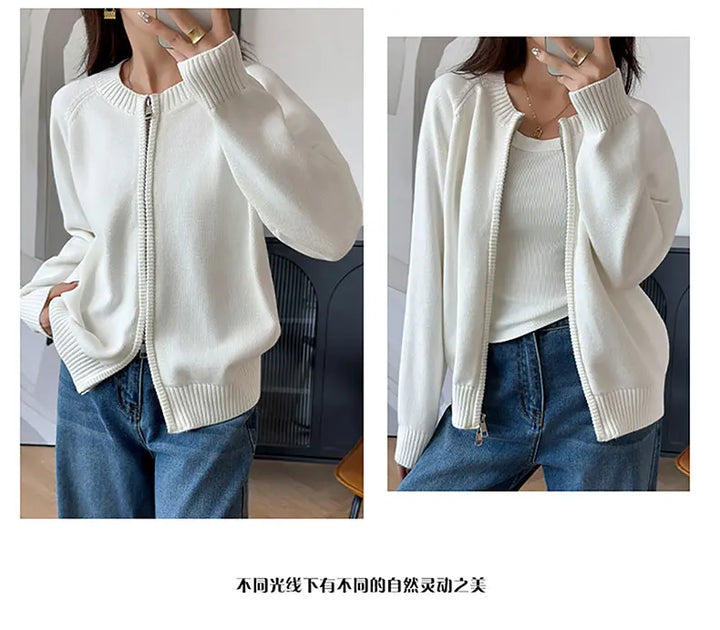 YTFidio 100% Cotton Women O-neck Thick Zipper  Solid Cardigan Luxury Designer Clothing Woman Pullover Female Tops 401