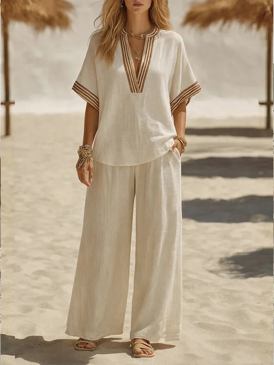 Maribel | Relaxed Linen V-Neck Two-Piece Set - Eleanor & Sisters Boutique