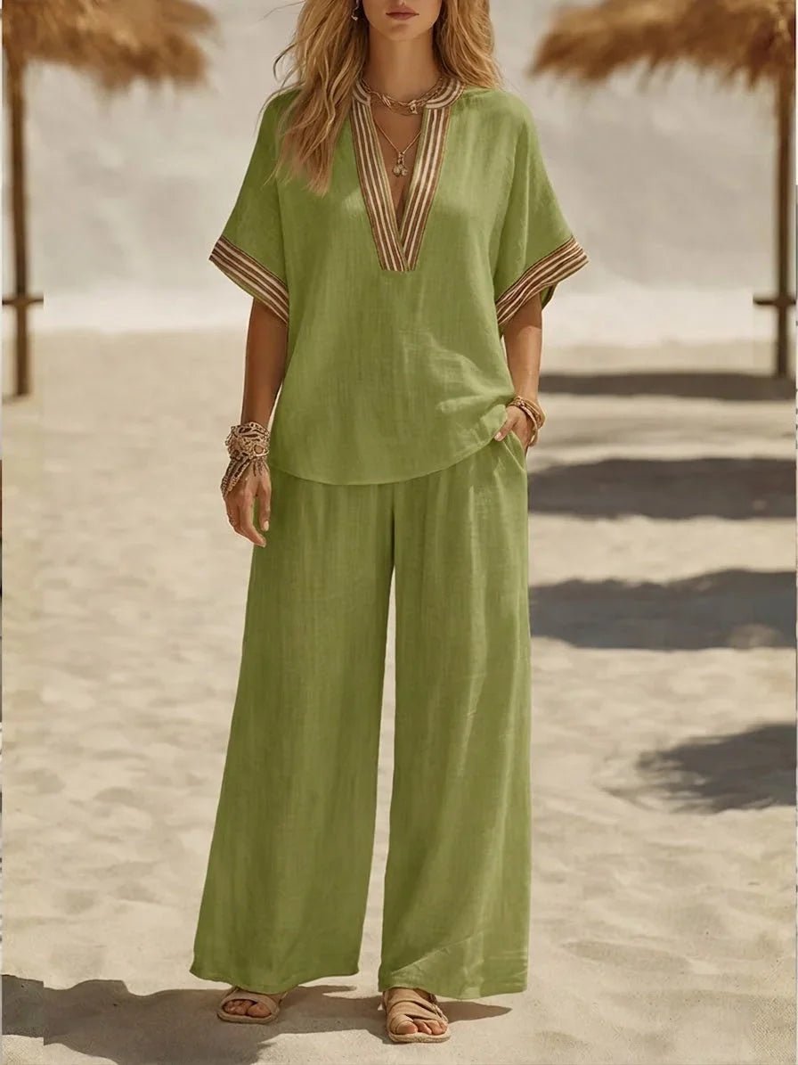 Maribel | Relaxed Linen V-Neck Two-Piece Set - Eleanor & Sisters Boutique