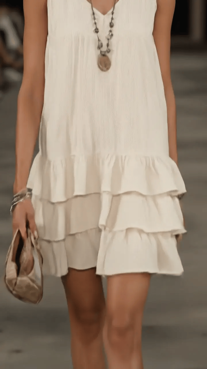 Women's Linen V-Neck Ruffle Hem Sleeveless Tunic Dress