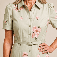 Rosalie™ Belted Rose Print Midi Shirt Dress - Eleanor & Sisters Boutique