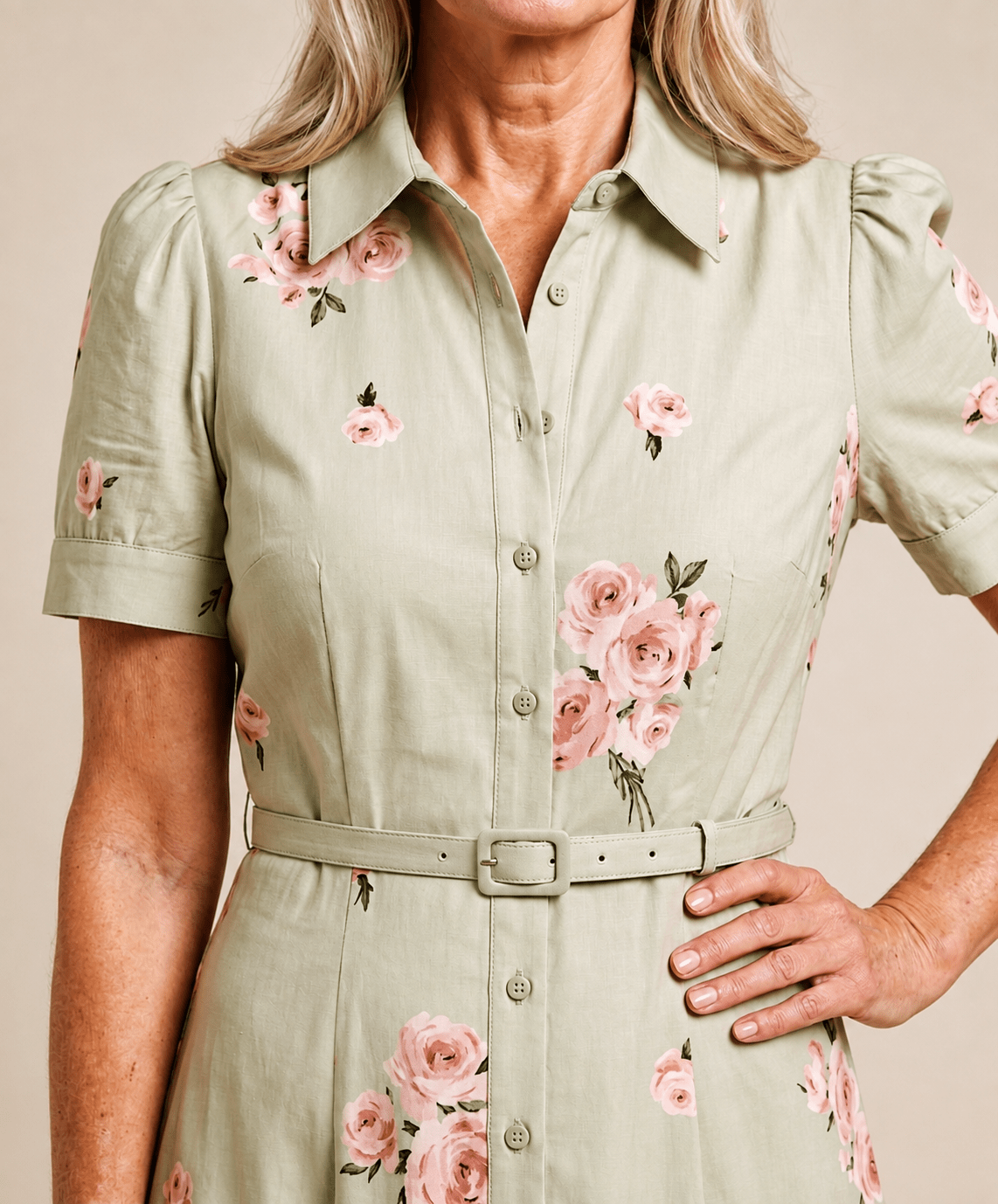 Rosalie™ Belted Rose Print Midi Shirt Dress - Eleanor & Sisters Boutique