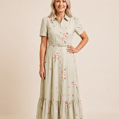Rosalie™ Belted Rose Print Midi Shirt Dress - Eleanor & Sisters Boutique