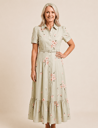 Rosalie™ Belted Rose Print Midi Shirt Dress - Eleanor & Sisters Boutique