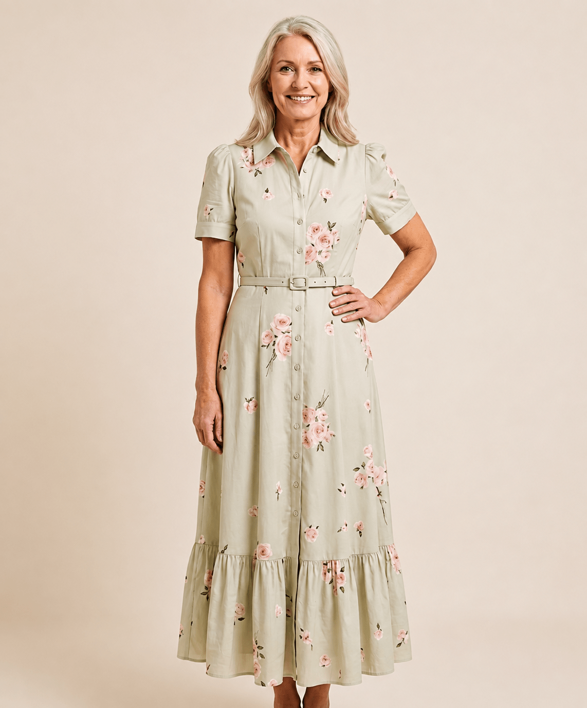 Rosalie™ Belted Rose Print Midi Shirt Dress - Eleanor & Sisters Boutique
