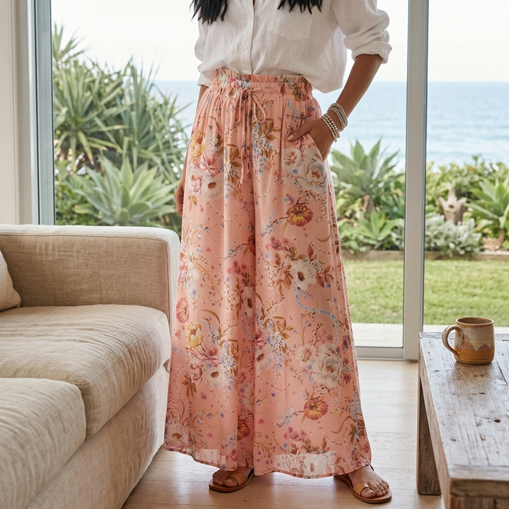 Avianna Pants - Paper Bag High Waisted Wide Leg Pants in Floral Print