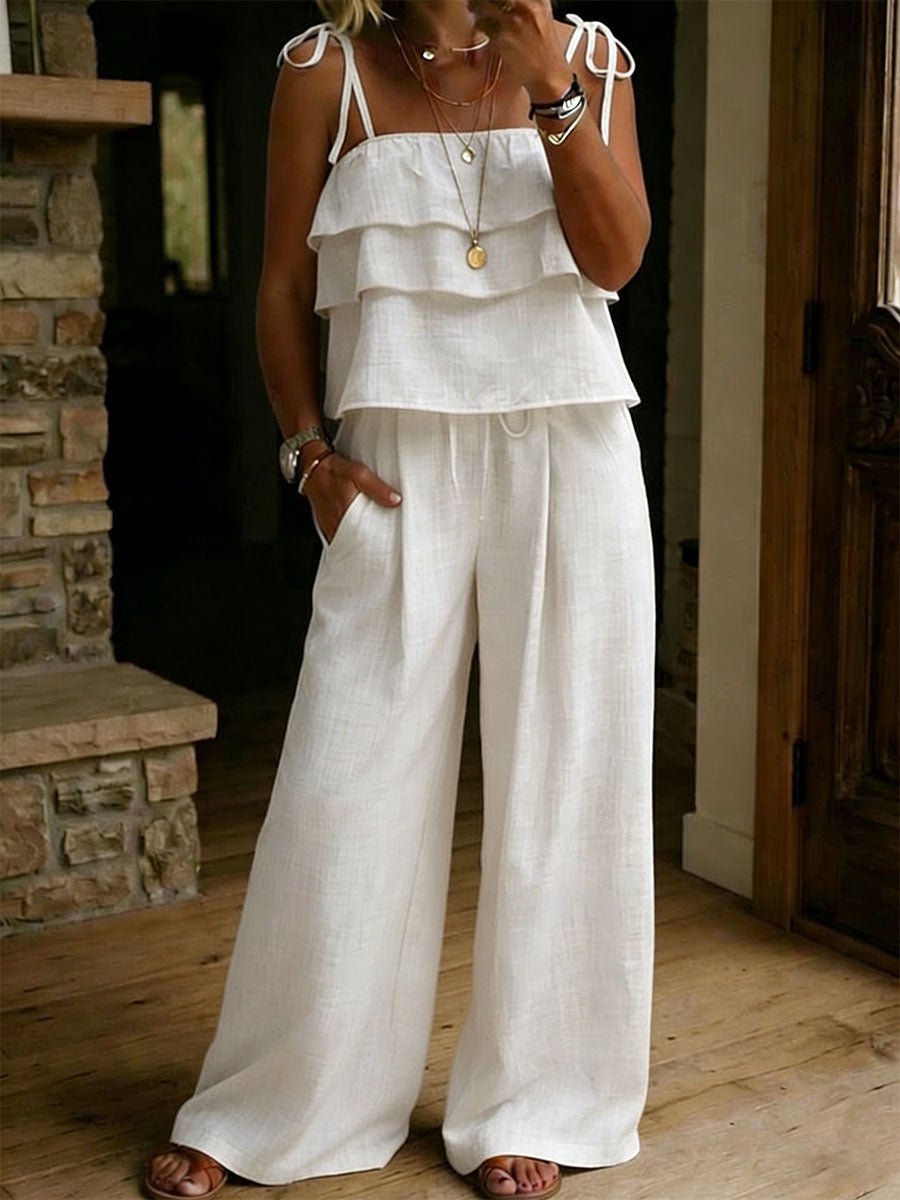Women's Linen Two Piece Ruffle Top and Wide Leg Trousers Set - Eleanor & Sisters Boutique